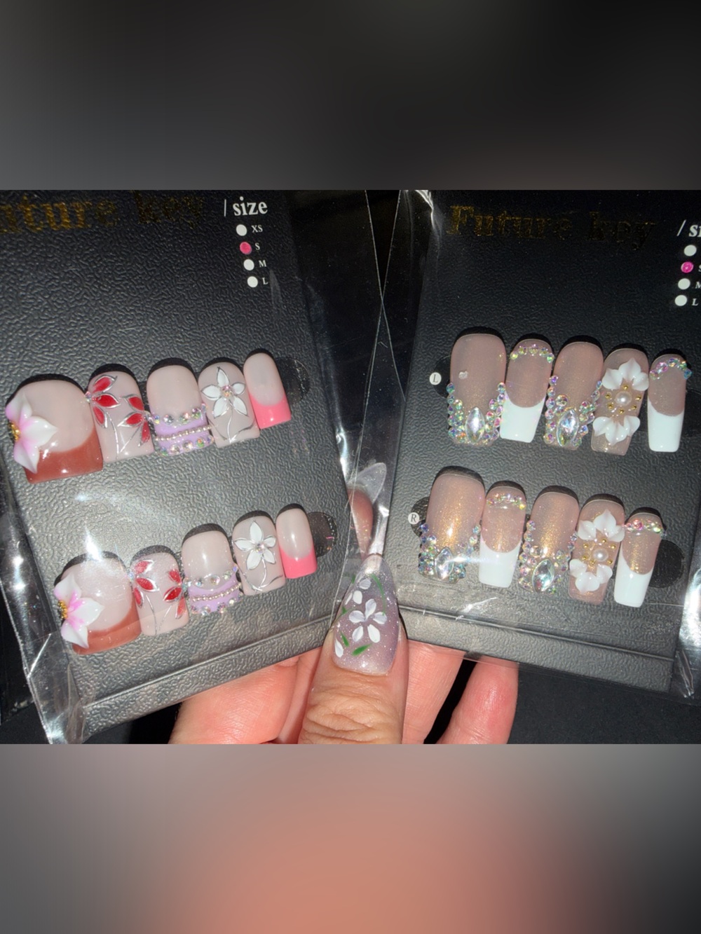 2pk (SMALL) Floral Rhinestone Press-On Nail Sets